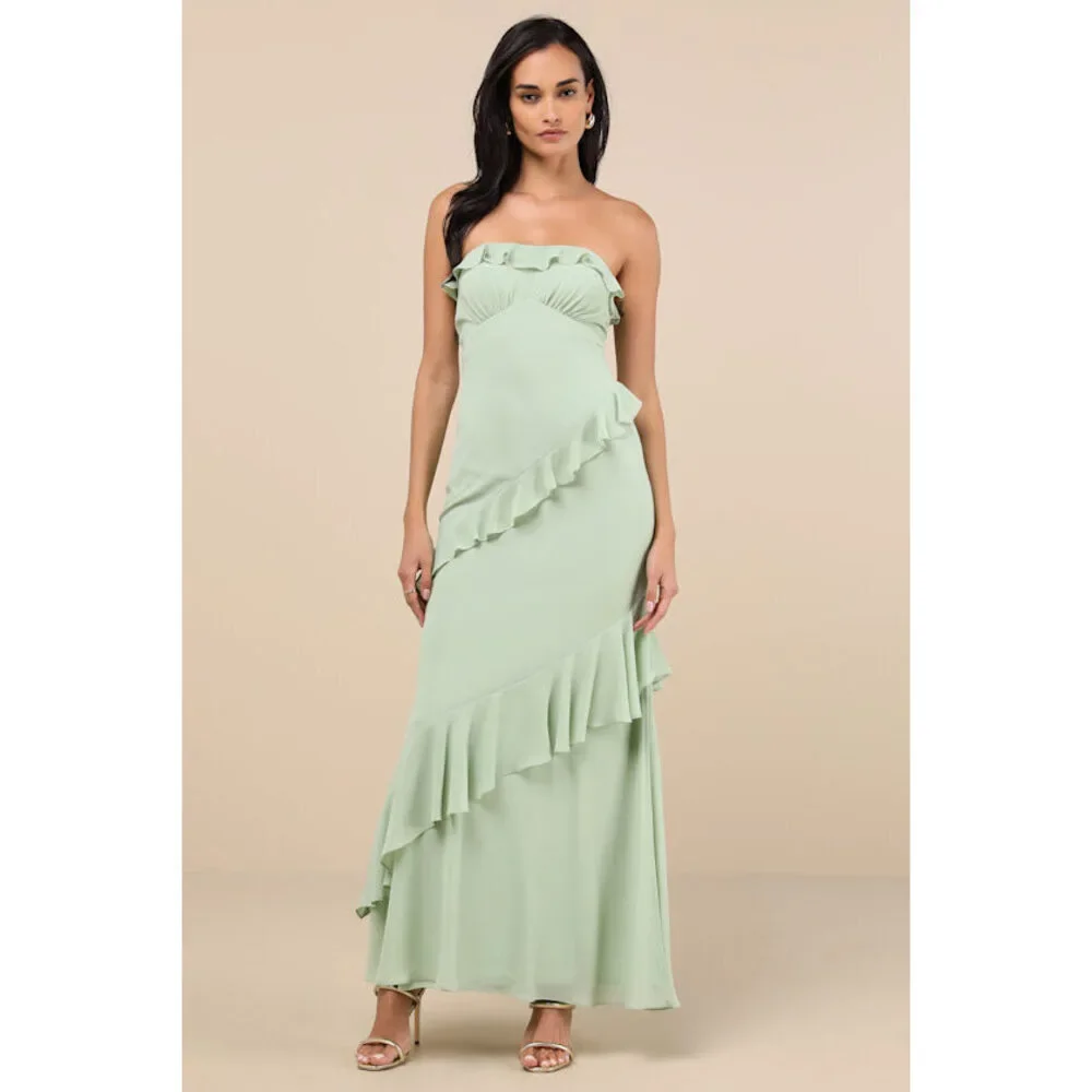Lulus Dramatic Allure Sage Green Ruffled Cutout Strapless Maxi Dress - Size XL - Picture 1 of 1